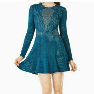 BCBGMAXAZRIA Daina Paneled Lace Dress in Dark Teal color
